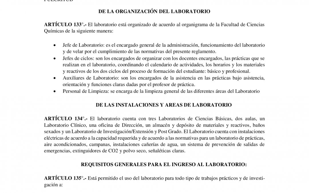 REGLAMENTO DE LABORATORIO DE LA FACULTAD DE CIENCIAS QUIMICAS